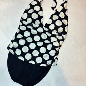 Lauren Ralph Lauren Black and White Polka Dot One Piece Halter Swimsuit, size 16